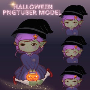 Puede incluir: Una bruja de dibujos animados con cabello morado y un sombrero de bruja negro está volando en una escoba. Lleva un cubo de calabaza y tiene la cara verde. La imagen está sobre un fondo morado con estrellas brillantes. El texto "HALLOWEEN PNGTUBER MODEL" está en letras de neón rosa en la parte superior de la imagen.