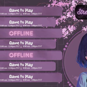 Puede incluir: Un horario de transmisión púrpura y rosa con un gráfico de una chica de anime con cabello morado. El horario enumera los días de la semana y las horas para cada día. El texto "Stream Schedule" está en una fuente de neón rosa. El texto "Week of" está debajo del título. El texto "Art by @username" está en la esquina inferior derecha.