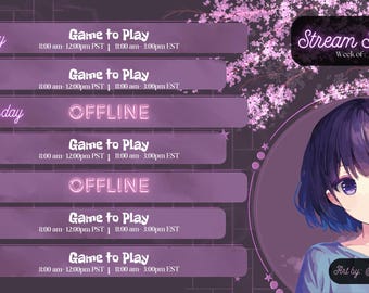 Puede incluir: Un horario de transmisión púrpura y rosa con un gráfico de una chica de anime con cabello morado. El horario enumera los días de la semana y las horas para cada día. El texto "Stream Schedule" está en una fuente de neón rosa. El texto "Week of" está debajo del título. El texto "Art by @username" está en la esquina inferior derecha.