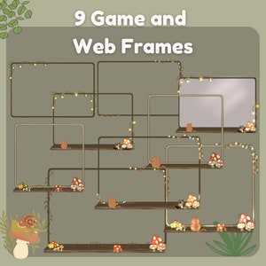 May include: Nine brown wooden frames with vines and fairy lights, arranged in a grid pattern on a green background. Each frame has a shelf with small mushrooms and cartoon cats. The text "9 Game and Web Frames" is at the top of the image.