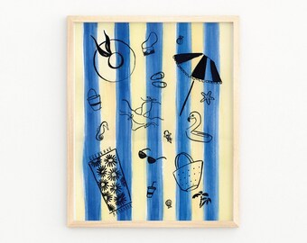 May include: A watercolor illustration of a beach scene with blue and yellow stripes, a beach towel with a floral pattern, a beach umbrella, a bucket, a seahorse, a flamingo float, a straw bag, and other beach accessories.