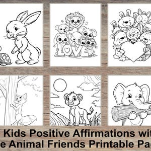 10 Kids Positive Affirmations with Cute Animal Friends Printable Pages – Instant Download