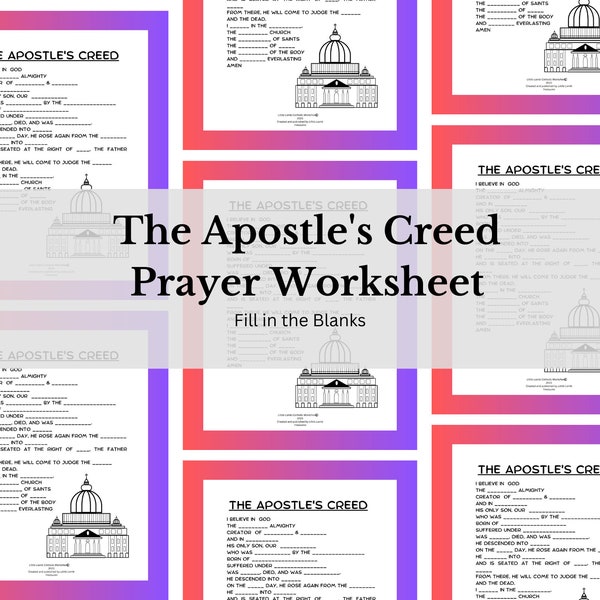 Catholic Kids Worksheet| The Apostles Creed| Common Catholic Prayers| Fill in the Blanks for Catholic Children| Digital Print| Printable