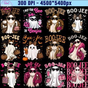 May include: A digital collection of twelve illustrations featuring ghosts styled with leopard print accessories, pink accents, sunglasses, and coffee cups, with the text BOO-JEE and I PUT THE BOO IN BOUJEE displayed in various fonts and colors.
