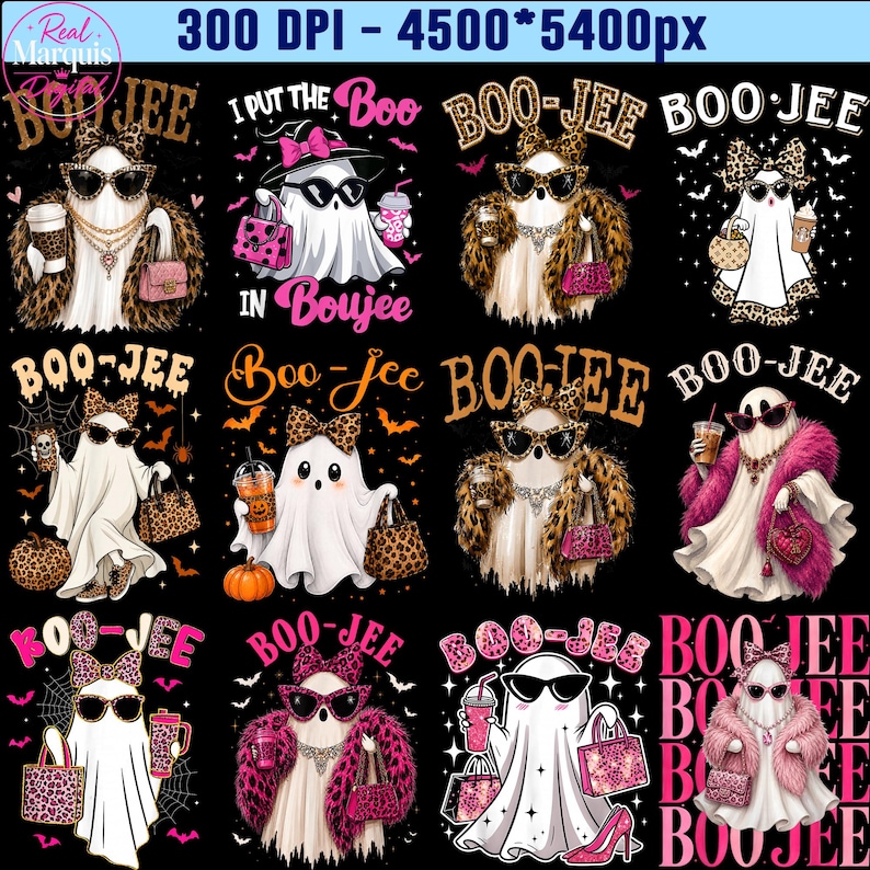 May include: A digital collection of twelve illustrations featuring ghosts styled with leopard print accessories, pink accents, sunglasses, and coffee cups, with the text BOO-JEE and I PUT THE BOO IN BOUJEE displayed in various fonts and colors.