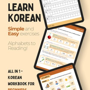Puede incluir: Tres tabletas negras que muestran materiales de aprendizaje del idioma coreano. Las tabletas muestran lecciones sobre alfabetos, lectura y vocabulario. El texto en las tabletas dice "Aprender coreano", "Ejercicios sencillos y fáciles" y "Cuaderno de trabajo para principiantes."