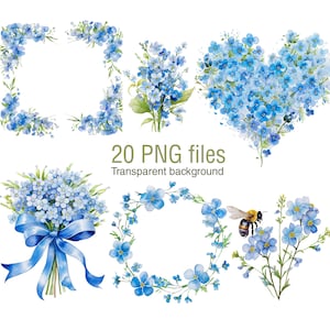 Forget Me Not Clip Art Floral PNG Digital Clip Art, clipart aquarelle bleu, art d'invitation, sublimation, journal autocollant autocollant indésirable