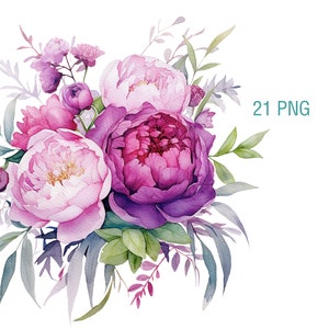 Peony florals PNG Digital Clip Art, Peonies flowers clipart, invitation art, Sublimation, sticker graphics, junk journal