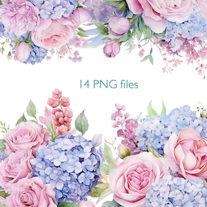 Hortensias y rosas PNG, clipart de acuarela de hortensias rosas, arte de invitación, sublimación, diario basura con pegatinas azules y rosas