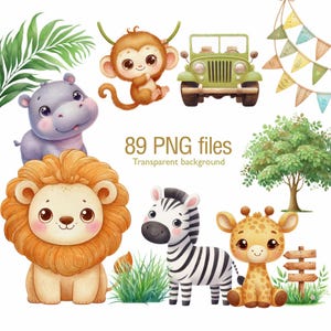 Ensemble de cliparts bébés animaux Safari PNG | Clipart Animal de la jungle | Animaux de safari mignons | Création de cartes graphiques pour baby shower et chambre de bébé
