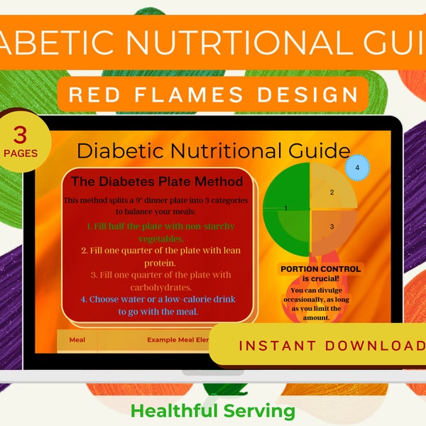 Guía nutricional para la diabetes estilo llamas rojas - Archivo imprimible para la salud de los diabéticos - Método del plato para diabéticos, ejemplos y recursos