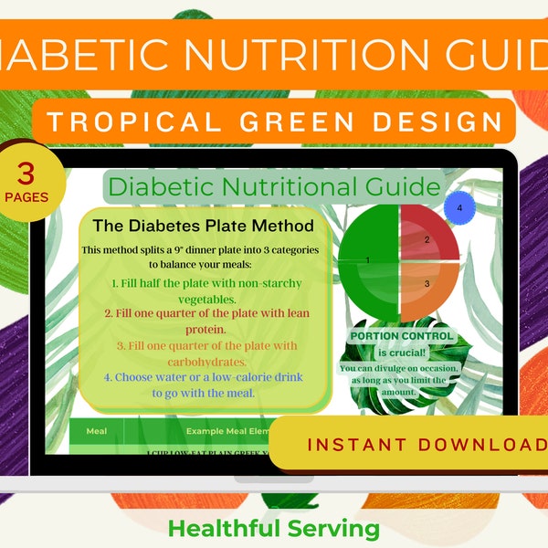 Guía nutricional para la diabetes estilo verde tropical - Archivo imprimible para la salud de los diabéticos - Método del plato para diabéticos, ejemplos y recursos