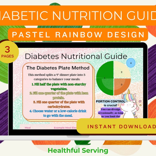 Guía nutricional para la diabetes estilo arcoíris pastel - Archivo imprimible para la salud de los diabéticos - Método del plato para diabéticos, ejemplos y recursos