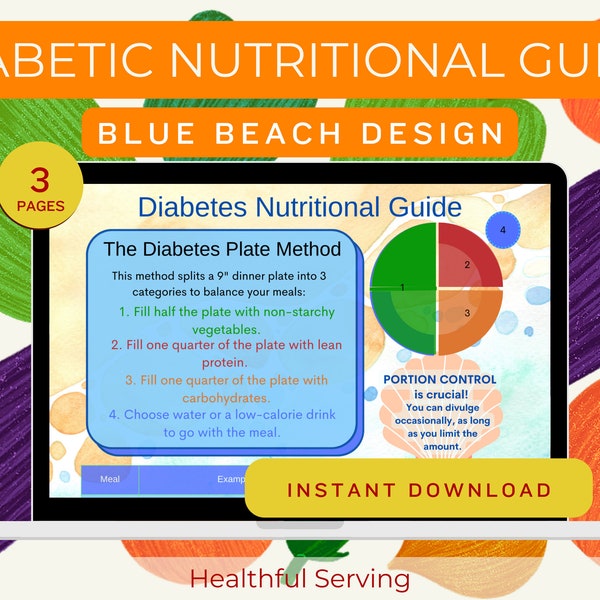 Blue Beach Style Diabetes Nutritional Guide - Printable File for Diabetic Health - Diabetic Plate Method, Examples, and Resources