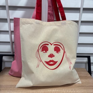 Red Heart Theater Clown Mask Canvas Tote Bag | Bubble Gum Pink Shoulder Bag | Red Puff Ink | Gift for Someone Special | My Clown Heart