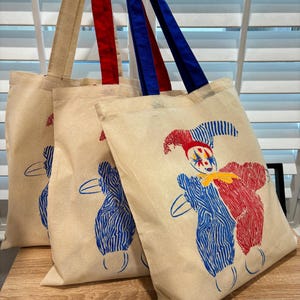 Jester Doll Canvas Tote Bag | Shoulder Bag | Red Straps or Blue Straps | Primary Colors Puff Ink | Gift for Someone Special | My Clown Heart
