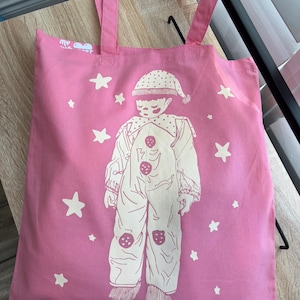 Bolso de mano Sleepy Clown Boy / Bolso de hombro rosa claro / Serigrafía hecha a mano con tinta abullonada / Regalo de Pascua para ella y él / Primavera / Mi corazón de payaso