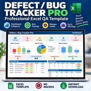 Könnte beinhalten: Ein Laptop-Bildschirm mit der Excel-Vorlage Defect Bug Tracker Pro. Das Dashboard enthält farbige Balkendiagramme, ein Kreisdiagramm und Datentabellen zur Verfolgung von Fehlerstatus, Schweregrad und Release-Gesundheit mit 32 Fehlern.