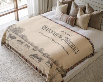 Personalized Western Wedding Blanket, Custom Names and Date Woven Throw, Rustic Bridal Shower Anniversary Gift for Couple, Cowboy Mr & Mrs