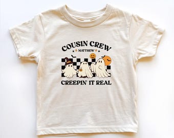 Custom Halloween Cousin Crew Kids Shirt Matching Trick or Treat Shirt Big Cousin Tee Group Creepin It Real Tshirt Toddler Ghost Name Gift