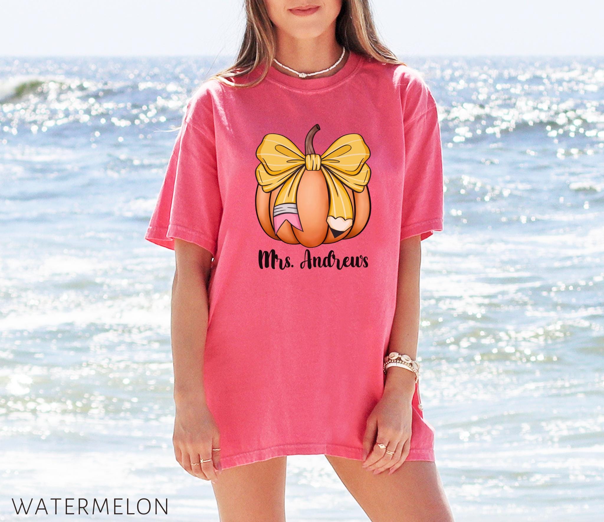 Custom Name Teacher Pumpkin Pencil Bow Shirt,fall Coquette Teacher
