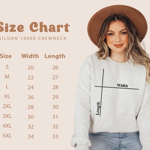 May include: Size chart for Gildan 18000 crewneck sweatshirts. The chart shows the width and length in inches for sizes S through 5XL.
