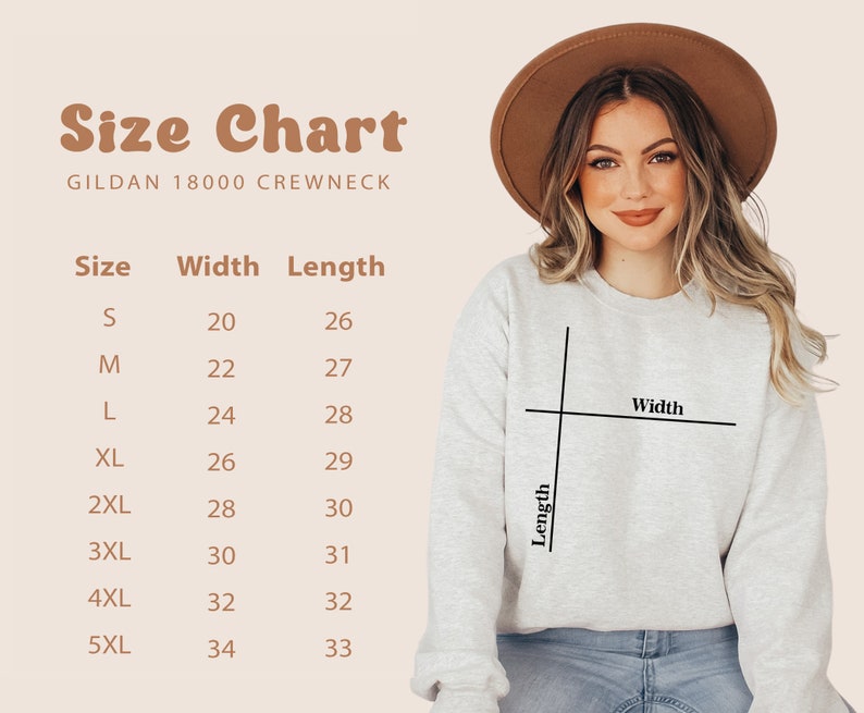 May include: Size chart for Gildan 18000 crewneck sweatshirts. The chart shows the width and length in inches for sizes S through 5XL.