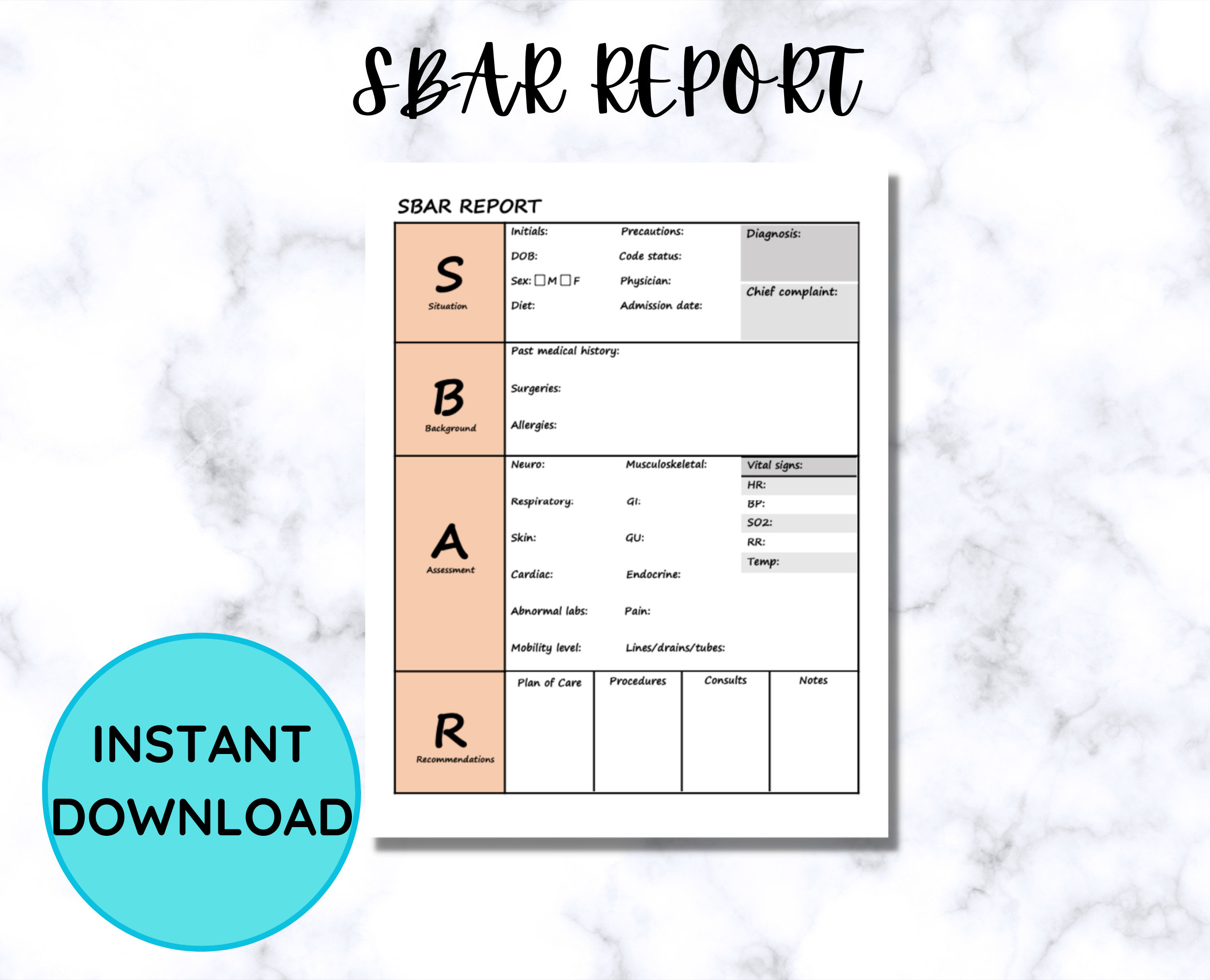 SBAR, Nurse Sheet, Report Sheet, ICU Nurse Report, Patient Assessment
