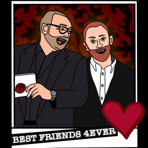 May include: Two men in suits stand together, smiling. The man on the left is holding a card with a red seal that says "TM". The man on the right has a red heart over his shoulder. The text "BEST FRIENDS 4EVER" is at the bottom of the image.