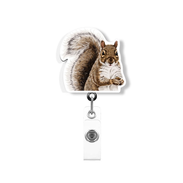 Retractable Badge Reel ID Holder with Clip for Office Worker, Nurse, Doctor, Teacher, Student, Cute Brown Gray Squirrel