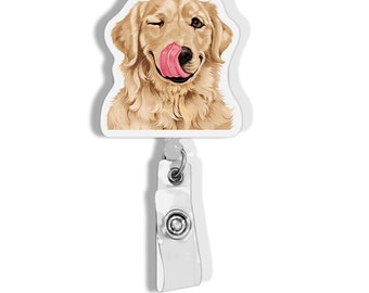 Retractable Badge Reel ID Holder with Clip For Office Worker, Medical staffs, Student, Golden Retriever Winking Dog