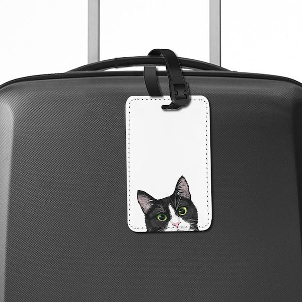 PU Leather Luggage Tag Name Tag Bag Tag for Travel Suitcase Baggage Luggage, Black White Tuxedo Cat