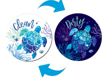 Dishwasher Clean & Dirty Magnet, Flip Sign Double-Sided for Kitchen Dishwashing Machine, Blue Sea Turtle