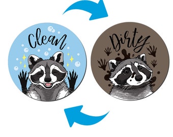 Dishwasher Clean & Dirty Magnet, Flip Sign Double-Sided for Kitchen Dishwashing Machine, Racoon