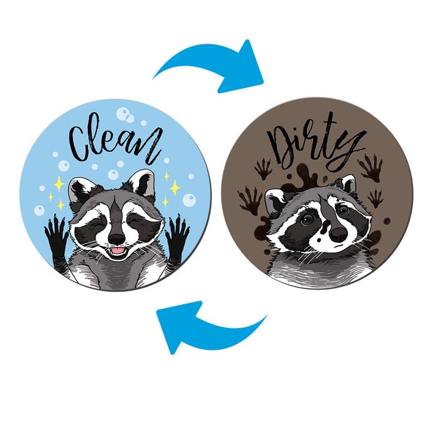 Dishwasher Clean & Dirty Magnet, Flip Sign Double-Sided for Kitchen Dishwashing Machine, Racoon