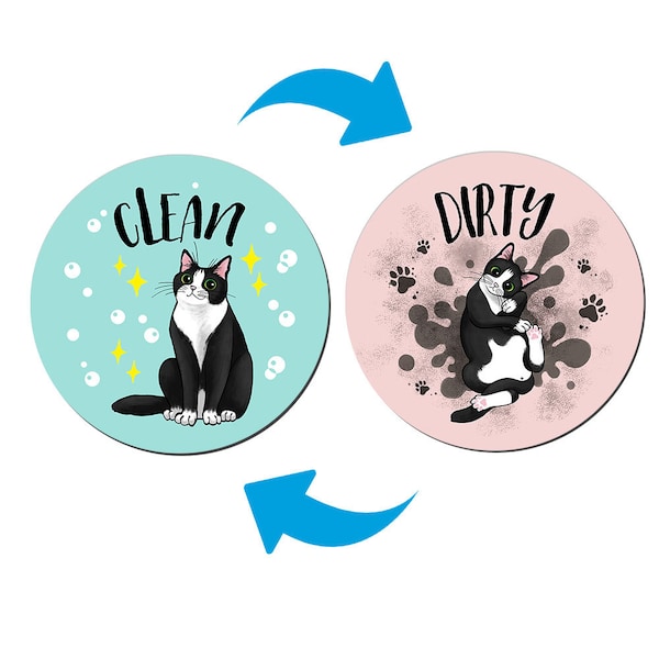 Dishwasher Clean & Dirty Magnet, Flip Sign Double-Sided for Kitchen Dishwashing Machine, Playful Postures Tuxedo Cat