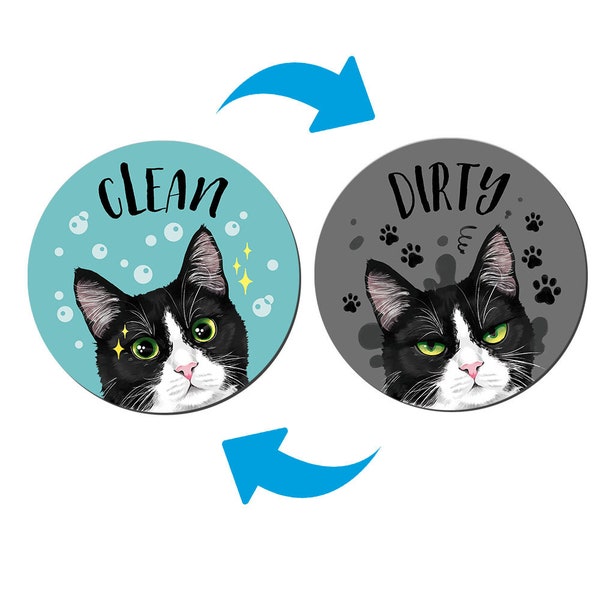 Dishwasher Clean & Dirty Magnet, Flip Sign Double-Sided for Kitchen Dishwashing Machine, Black White Tuxedo Cat