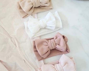 Baby Headband, Soft & Stretchy Hair Bow Accessory, Oversize Bow for Baby or Toddler, Waffle Pattern Top Knot