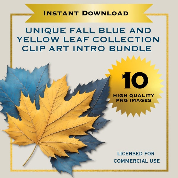 Colorful Fall Leaves Clip Art Bundle, Fall Foliage with Yellow, Gold and Unique Blue Leaves, 300 DPI PNG Images, Commercial Usage