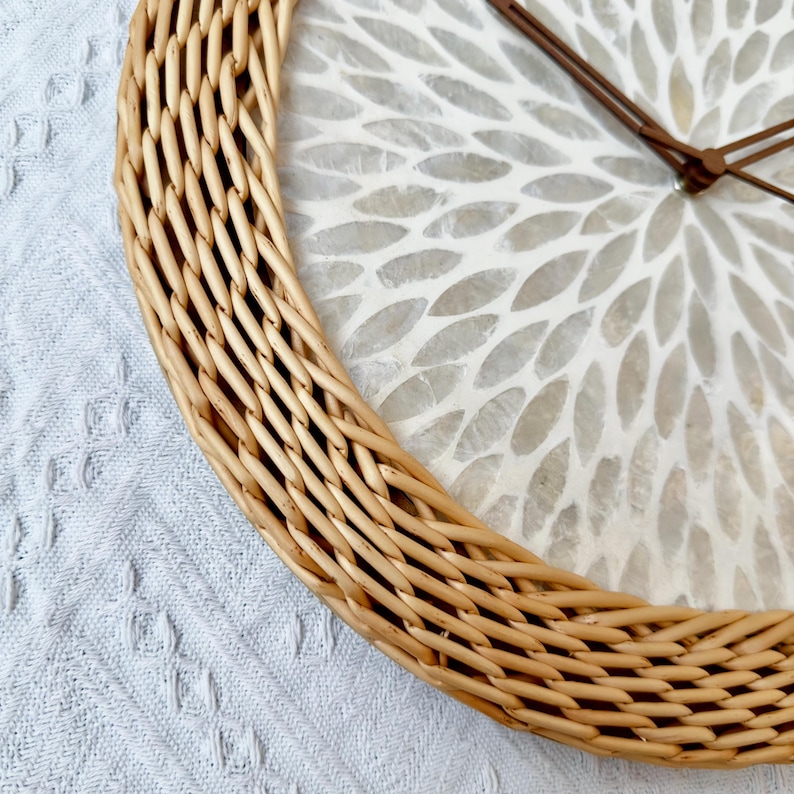 Unique Wall Clock 35cm(14inch), Pearl Inlay Dial, Dried Rattan Frame ...