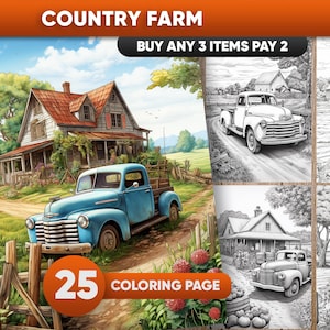 25 Country Farm Grayscale Coloring Pages, JPEG/PDF Format, Instant Download