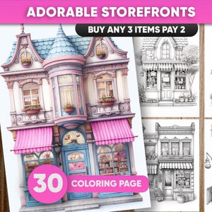 Dibujos para colorear de escaparates, tiendas acogedoras imprimibles (PDF/JPEG)