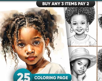 Black Girls Coloring Book, Grayscale Portraits, 25 Printable Pages (PDF)