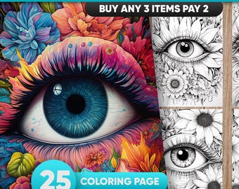 Blooming Eyes Coloring Book: 25 Grayscale Printable Pages (PDF/JPEG)