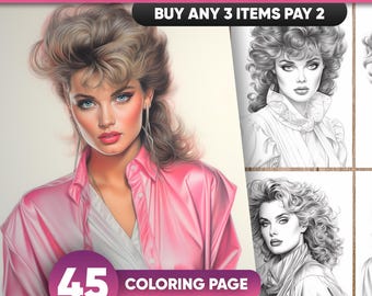 1980s Women Portrait Coloring Pages: Grayscale Retro Style (Printable PDF/JPEG)