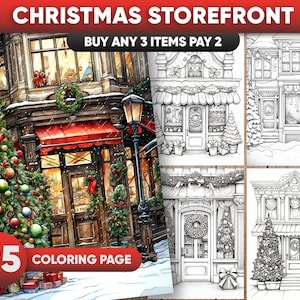 25 adorables pages de coloriage en niveaux de gris de vitrine de Noël pour adultes, en fichier JPG/PDF, téléchargement instantané, page de coloriage imprimable