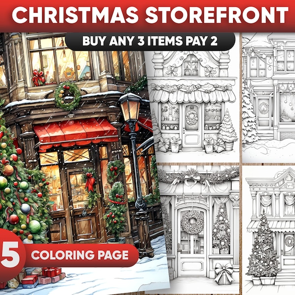 25 Adorable Christmas Storefront Grayscale Coloring Pages for Adults, in JPG/PDF file, Instant download, printable coloring page