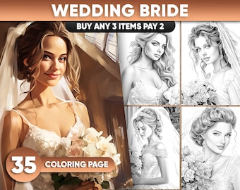 Wedding Bride Coloring Pages: 35 Grayscale Illustrations (Printable PDF/JPEG)