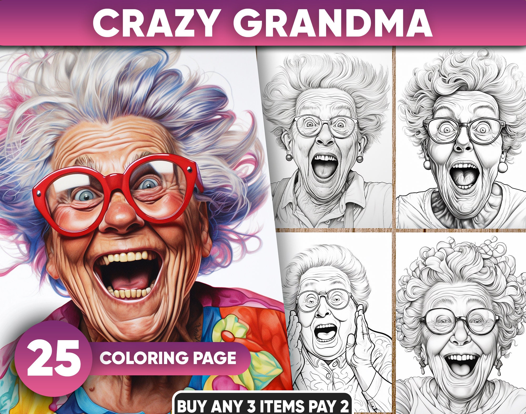 25 Crazy Grandma Coloring Pages, Old People Coloring Book, Lovely Grandma Coloring Books, Greyscale Coloring Book, Adults coloring book PDF