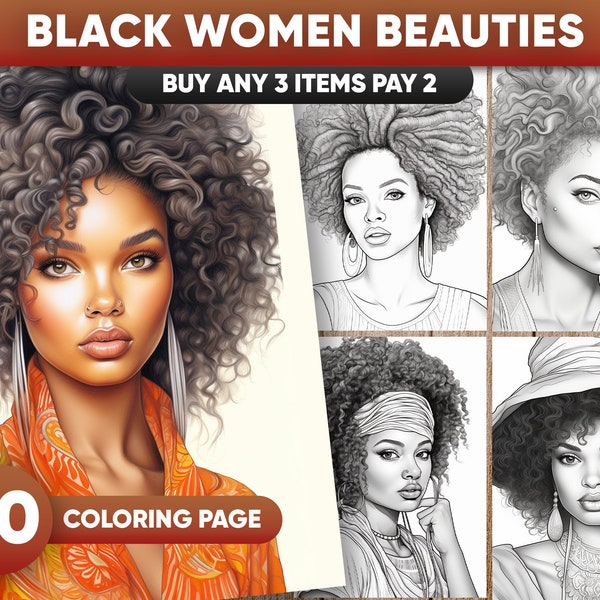 30 portraits de beautés de femmes noires à colorier pour adultes, téléchargement immédiat, livre de coloriage en niveaux de gris, fichier PDF imprimable